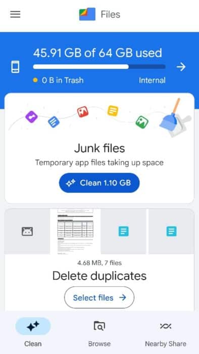 Main screen of the Files app