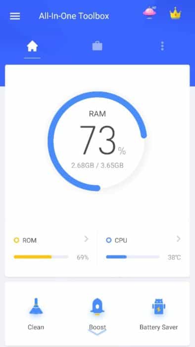 All-In-One-Toolbox main screen with RAM usage display