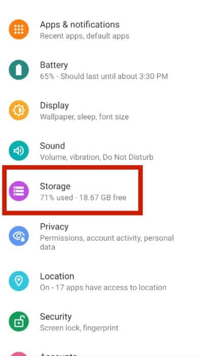 Storage option in settings of Android