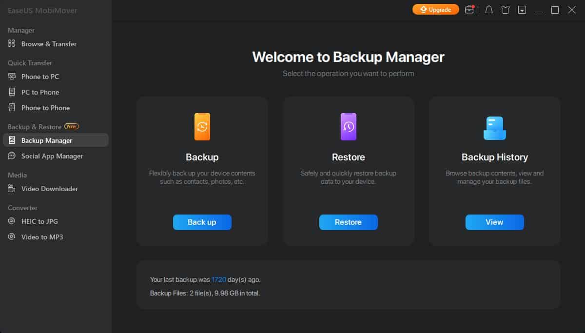 EaseUS MobiMover backup manager with different options for backup and restore