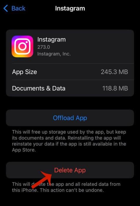 Delete app option on the Instagram app info screen
