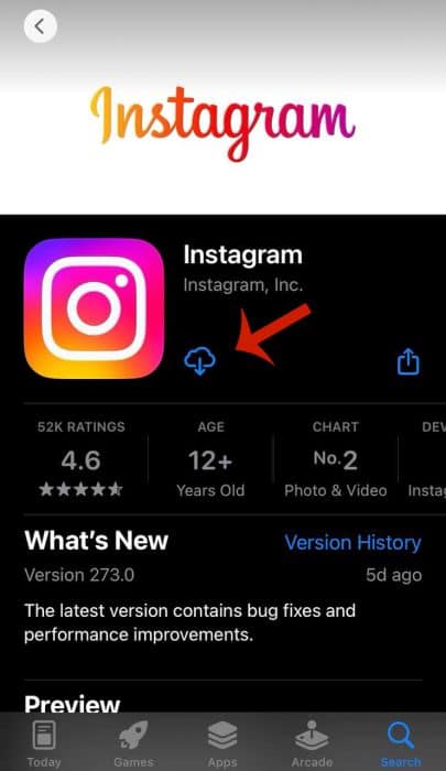 Instagram download option on the app store