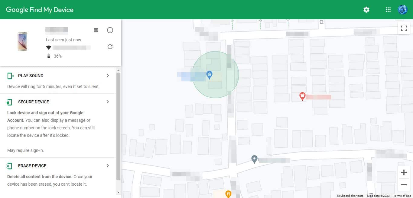 Find my device page with location on the map