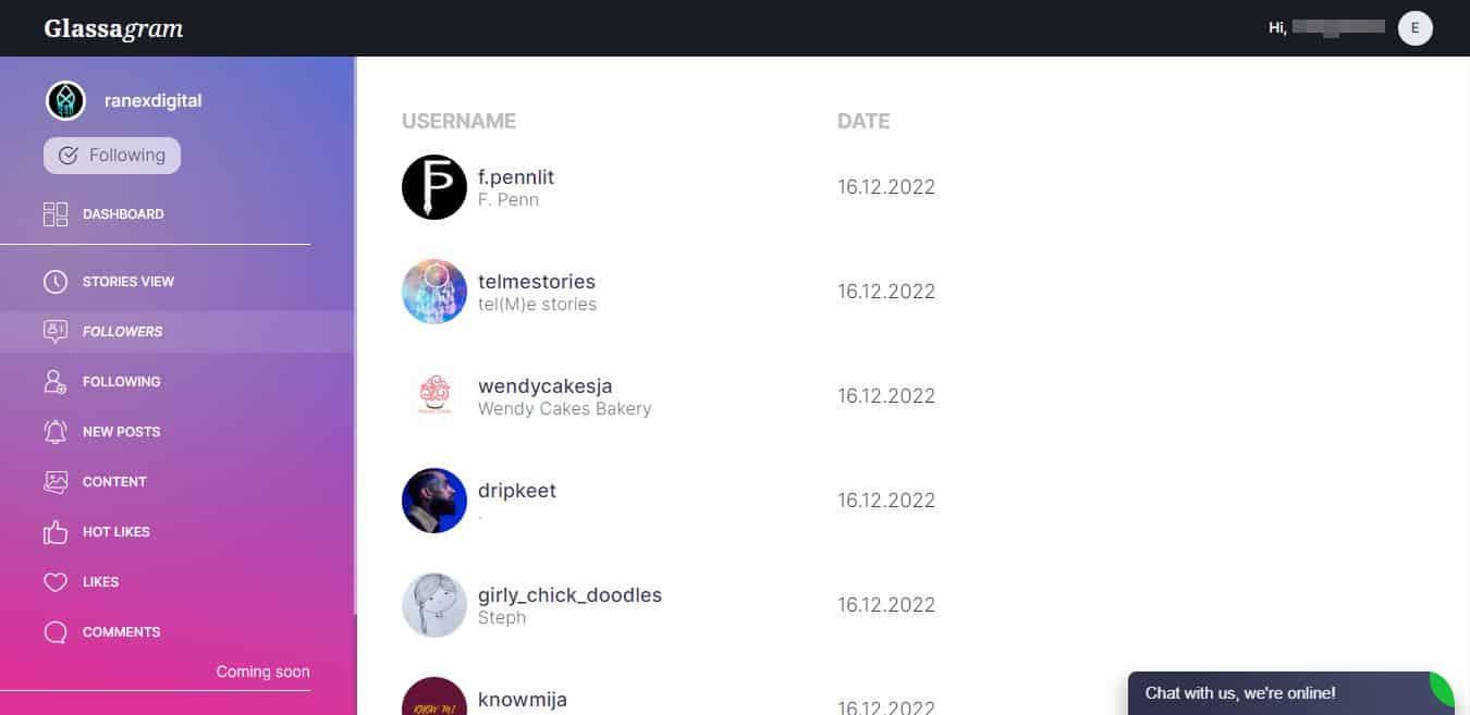 Instagram followers page on Glassagram