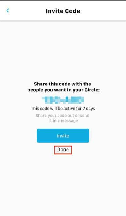 Invite code page with done button