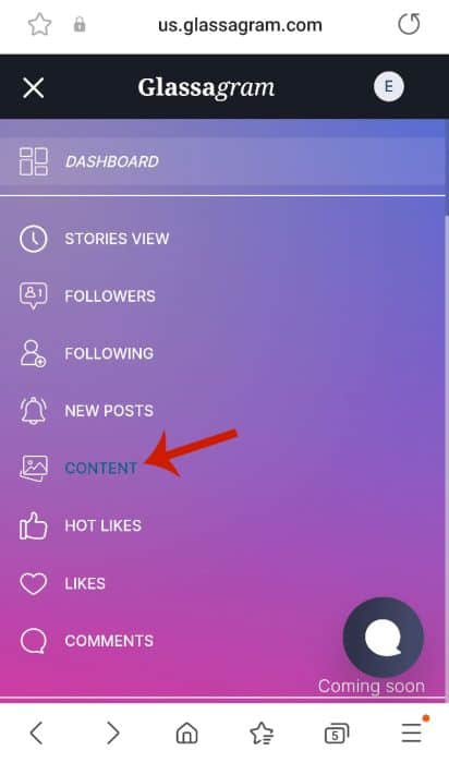 Content option in the menu