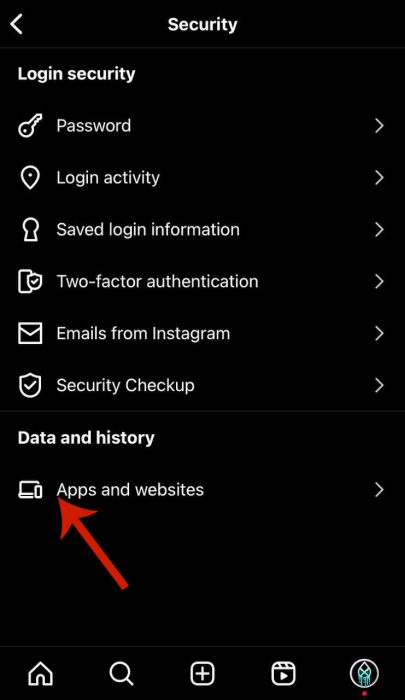 Apps and websites option in the security settings
