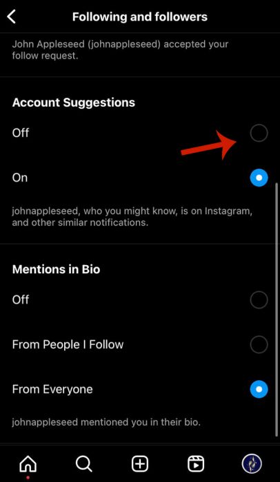 Turn off option for account suggestions