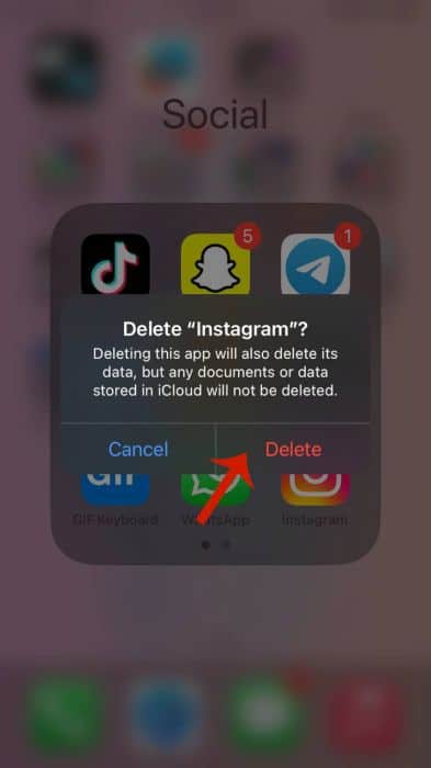 Delete button on the pop up to delete app