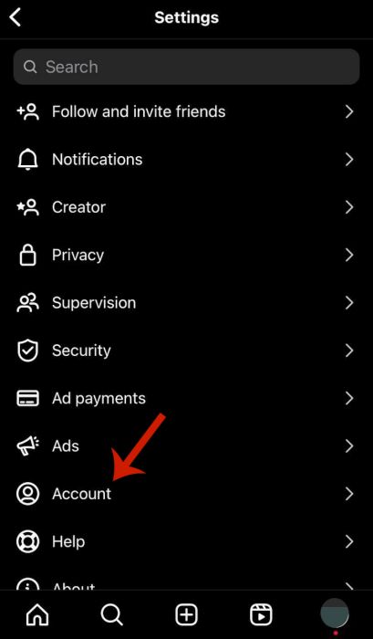 Account option in settings