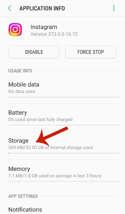Storage option on Instagram app info screen