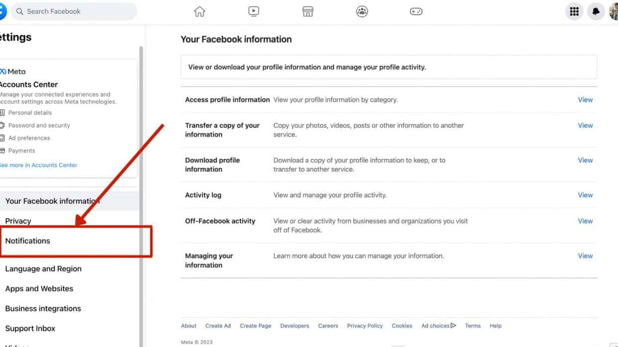 Notifications tab in the left side bar on settings page of Facebook desktop