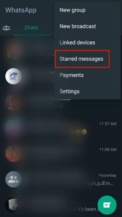 Starred messages option in the drop down menu