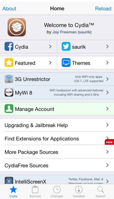 Main screen of Cydia app on iPhone