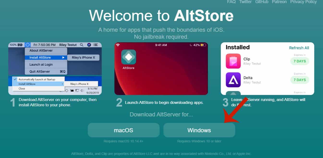 AltStore welcome page with download buttons for macOS and Windows