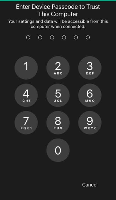 Enter device passcode screen on iPhone