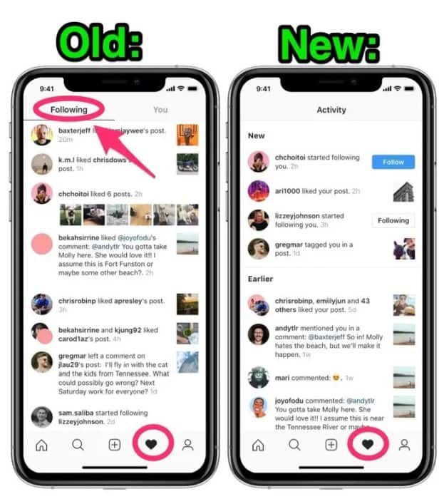 Instagram following tab old and new UI