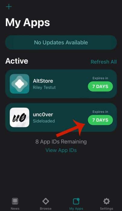 7 Days button next to the unc0ver app icon on my apps screen