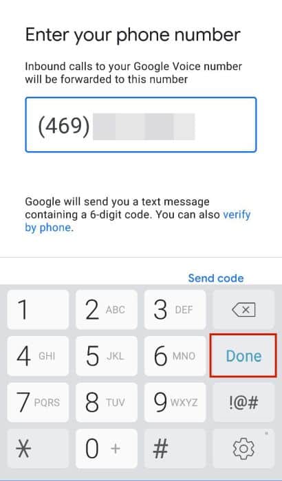 Phone number input field for receiving a verification code from Google Voice