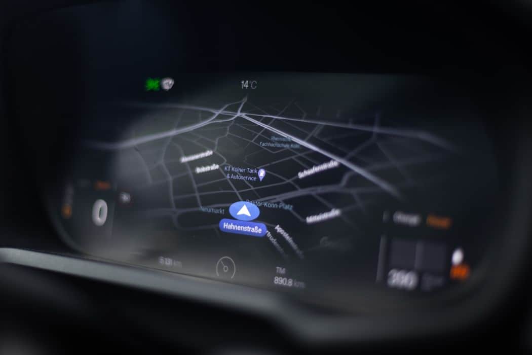 An arrow showing the location of the car on the navigation map