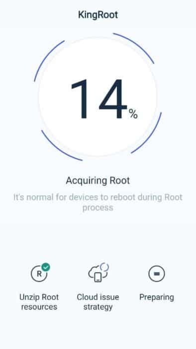 KingRoot app rooting the device and showing completion percentage