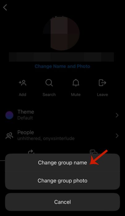 Pop up with change group name option at the top