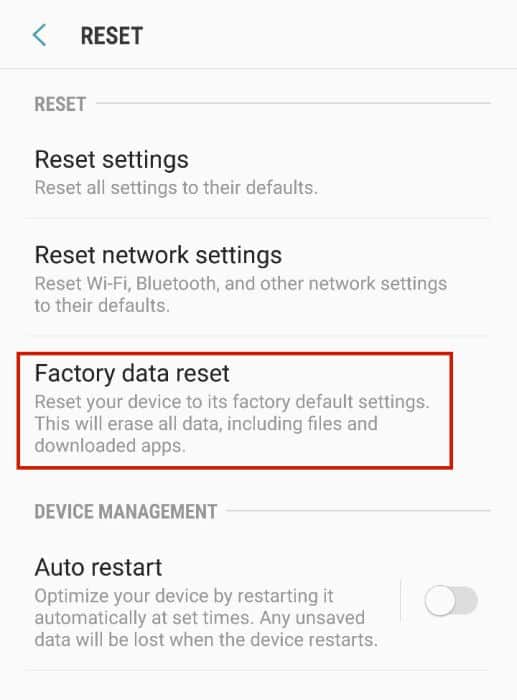 Factory data reset option inside reset settings