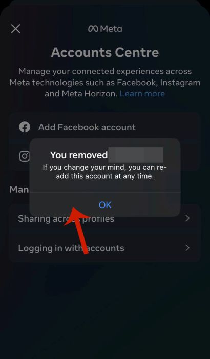 Selected Facebook account removed from the Instagram app