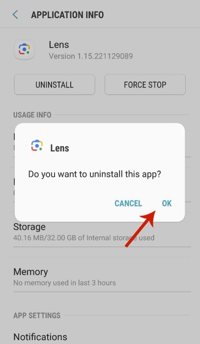 Android app uninstall confirmation popup