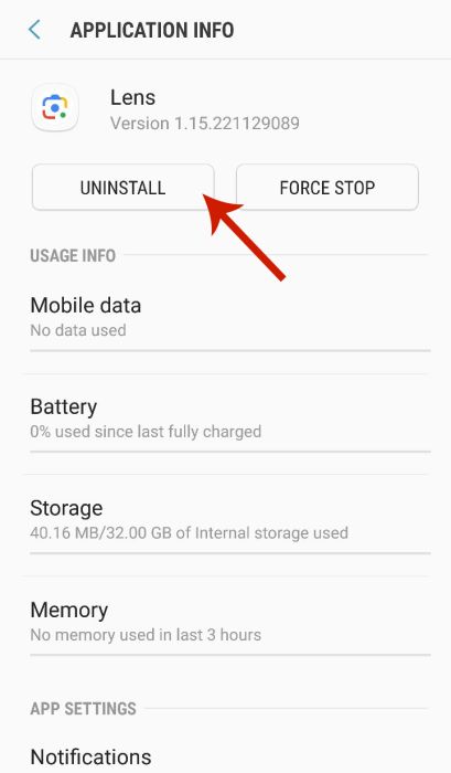 Uninstall button on application info page of Lens app