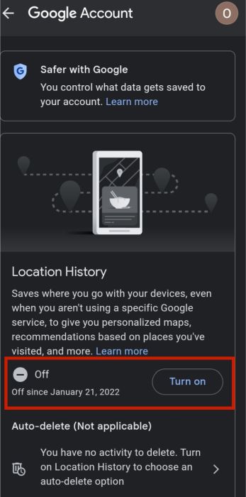 Option to turn off location history of the Google account