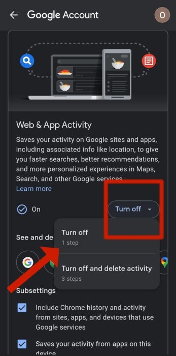 Option to turn off web and app activity