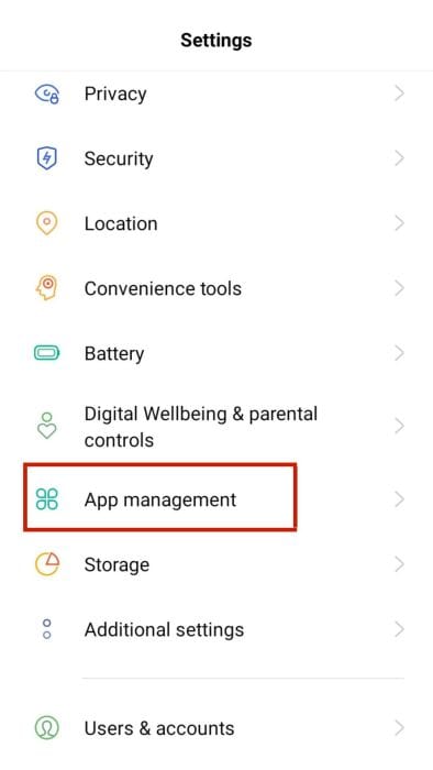 App management option in the Android smartphone settings