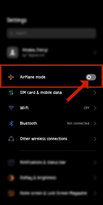 Airplane mode toggle option inside Android settings
