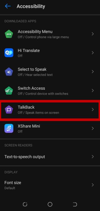 TalkBack option inside accessibility settings