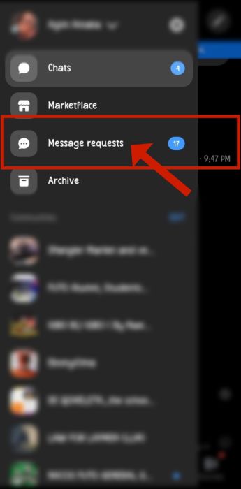 Message requests option in the menu