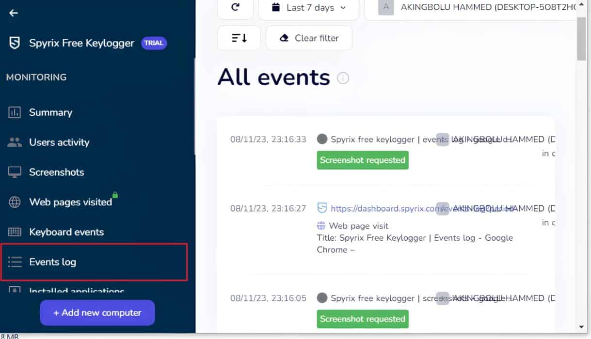 Events log feature to check different things happening on the target device