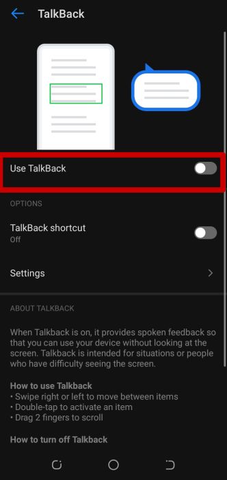 On off toggle for use talkback option