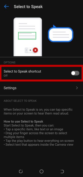 On off toggle for select to speak shortcut option