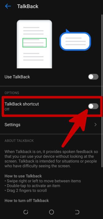 On off toggle for talkback shortcut option