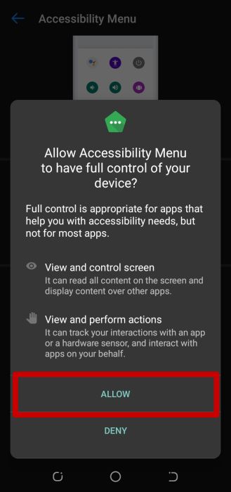 Allow and deny option for accessibility menu permissions