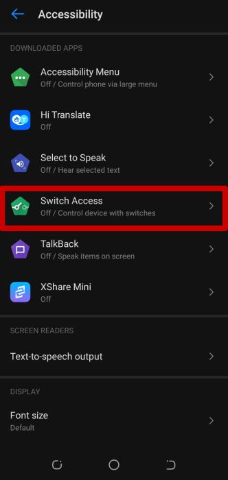 Switch access option inside accessibility settings