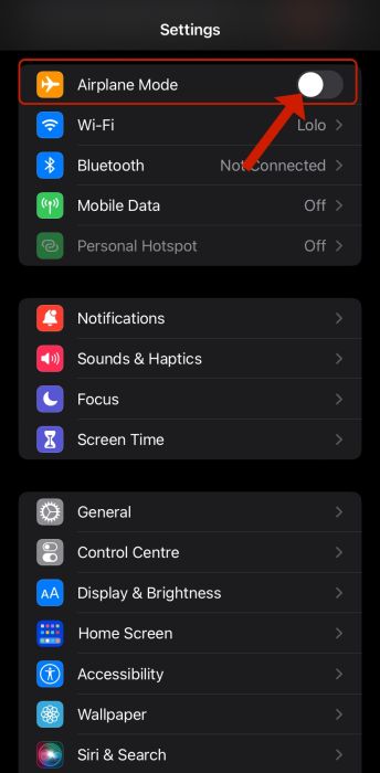 Airplane mode toggle option in the iPhone settings