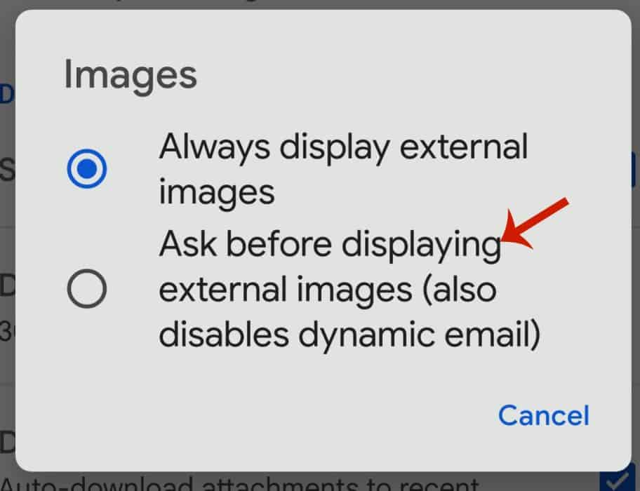 Ask before displaying external images option in the pop up