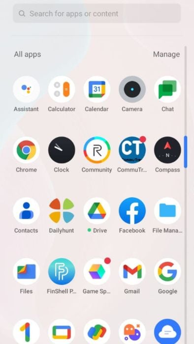 App drawer on Android smartphone