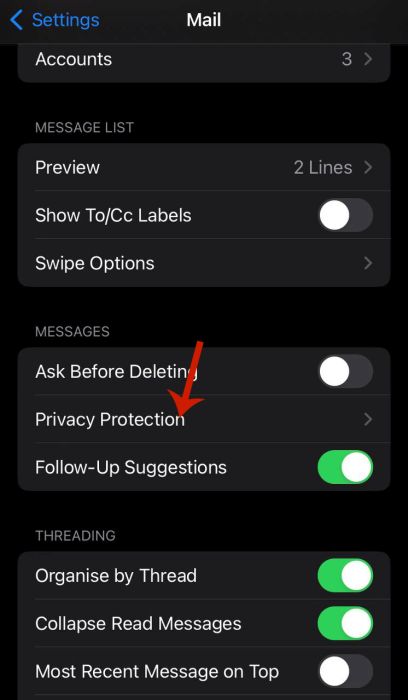 Privacy protection option inside mail settings