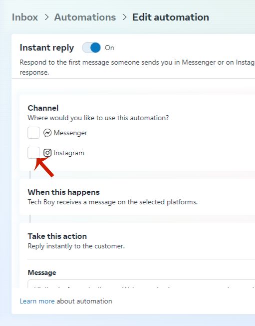 Instagram check box inside instant reply option