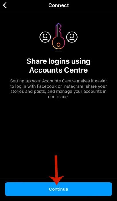 Continue button to share logins using Accounts Centre