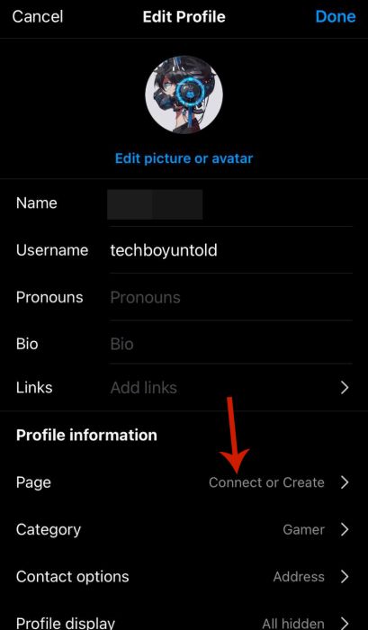 Page option inside edit profile settings