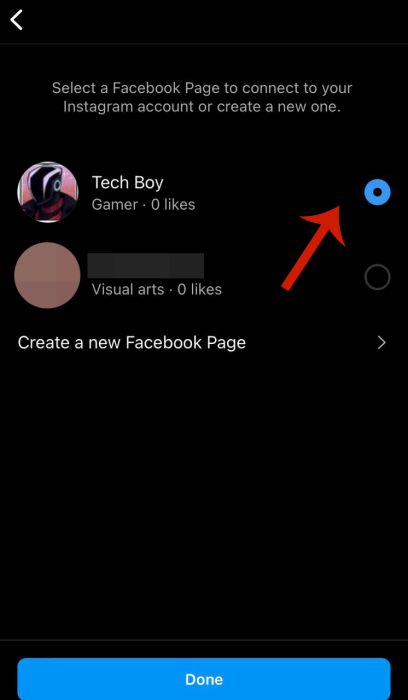 Toggle option to connect the selected Facebook page